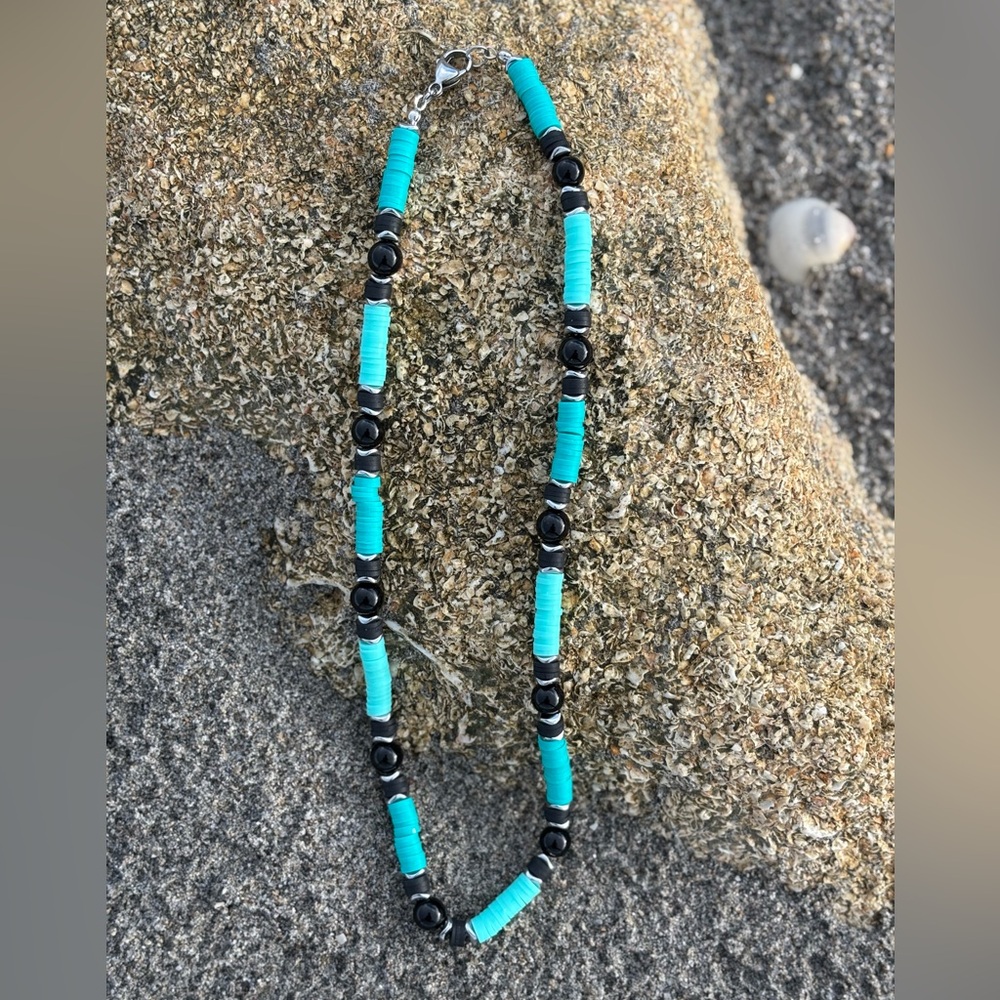Handmade New 18” Turquoise Heishi and Black Onyx Beaded Necklace
